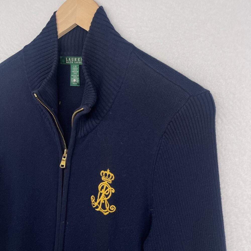 LAUREN RALPH LAUREN Sweater L LRL Monogram Crest Cardigan Full Zip Cotton Blue - Picture 3 of 11